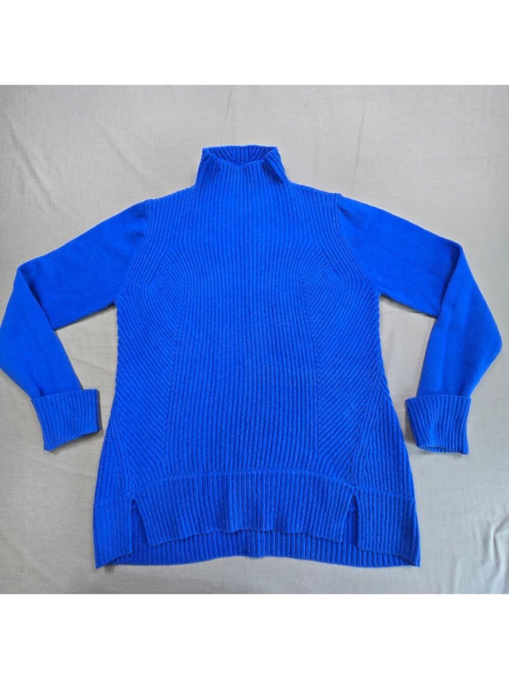 Elie Tahari Large Tunic Sweater Blue Mock Neck Ribbed Textured Long Sleeve Knit